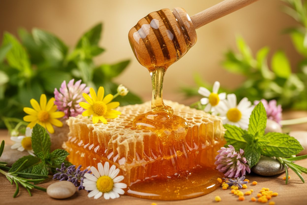 image of honey, dripping from the stick very healthy life